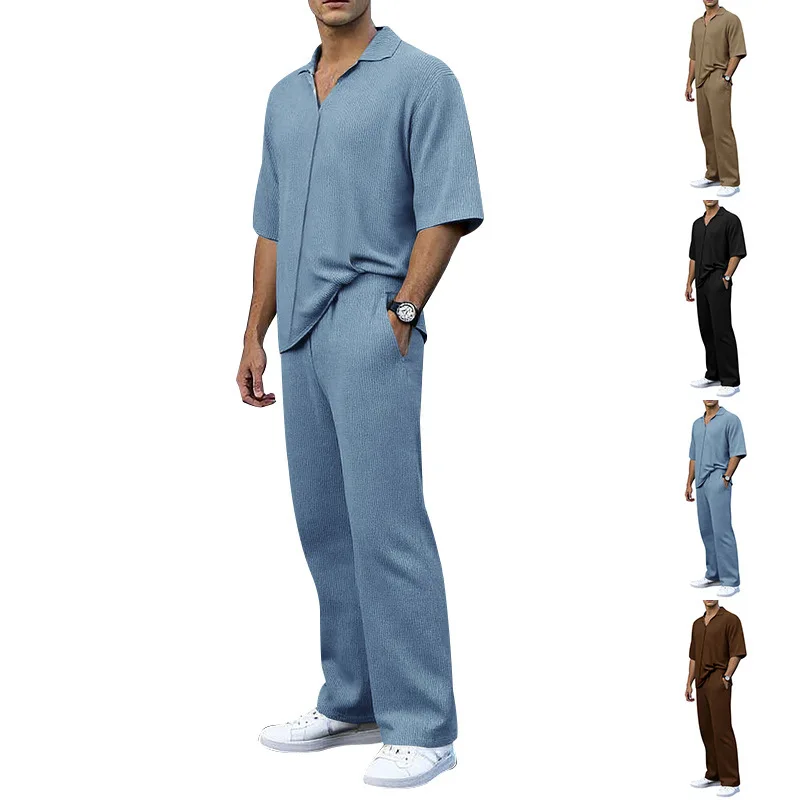 

Summer Men's Suit Solid Color Simple Style Men's Clothing Turn-down Collar Short Sleeve Long Pants Men's Casual Two-piece Set