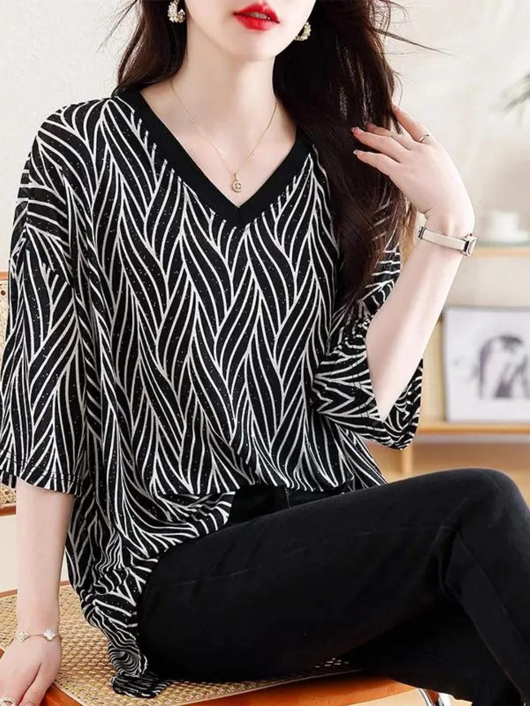 V-Neck Short Sleeve T-Shirt Women's plus Size Summer Vintage Striped Patchwork Loose Slimming Mid-Length Butt Covering Top