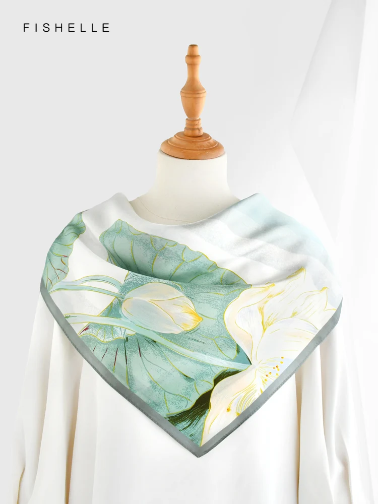 Light green fish lotus 100% natural silk scarf square head scarves luxury gift women wrap bandana hijab shawl 90cm neckerchief