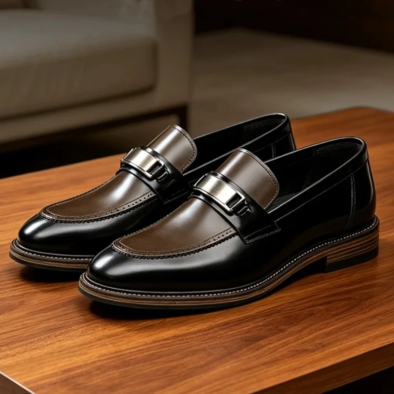 High-end Cowhide Leather Loafers Men Metal Buckle Shoes Square-toe Slip-on Business Formal Shoes Men Casual Dress Shoes