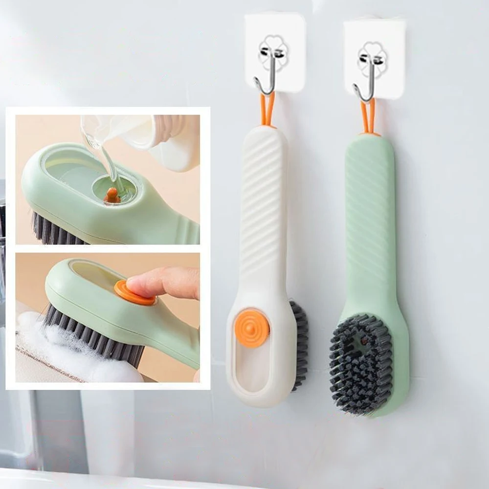 Multifunctional Pressing Liquid Shoe Brush Long Handle Soft Bristled Shoes Brush Clothes Brush Household Cleaning Tool
