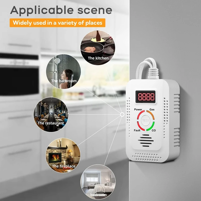 Detector de Gás Natural e Monóxido de Carbono, Detector de Gás Combustível, Monitor para Co, Metano na Cozinha, EU Plug