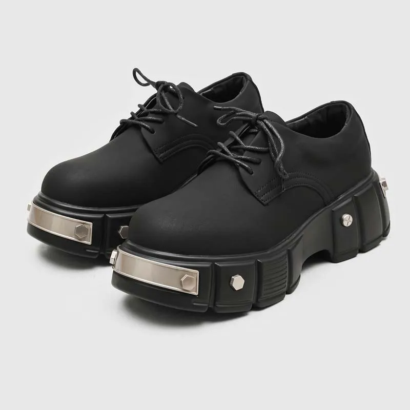 Black Platform Derby Shoes with Metal Decor Gothic Punk Lace-Up Oxfords Streetwear Trendy Men's Shoes