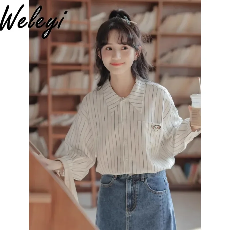 

Women's Retro Striped Camisas E Blusas 2024 Early Spring New College Style Blouse Female Top Long Sleeve Versatile Loose Shirts