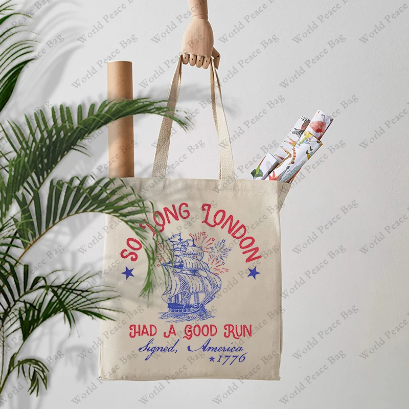 1pc So Long London 4th of July pattern Tote Bag Canvas Shoulder Bag For Travel Daily Commute Women\'s Reusable Shopping Bag,Best