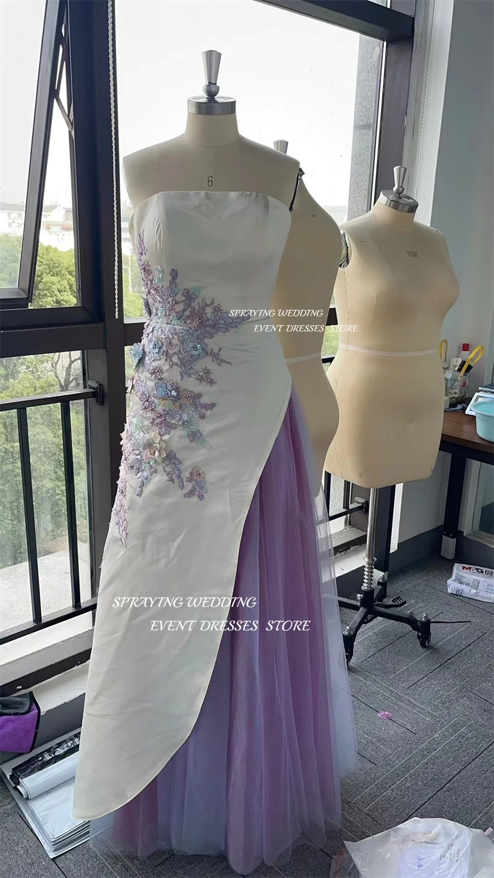 SPRAYING Special Color Block Evening Dress Colored Yarn Embroidery Prom Gown A Line Strapless Formal Occasion Dress Customized