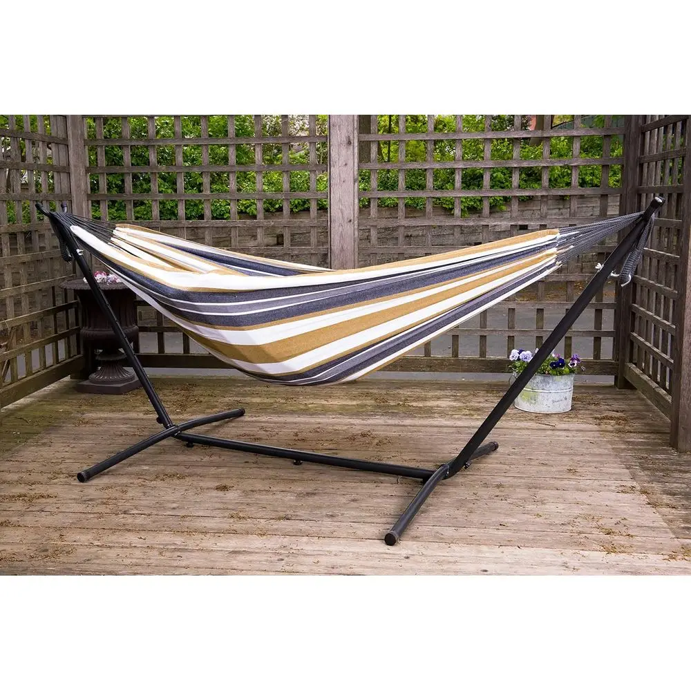 Double Cotton Hammock with Space-Saving Steel Stand, Upgraded Polyester End Strings, 450 lb Capacity - Premium Carry Bag Include