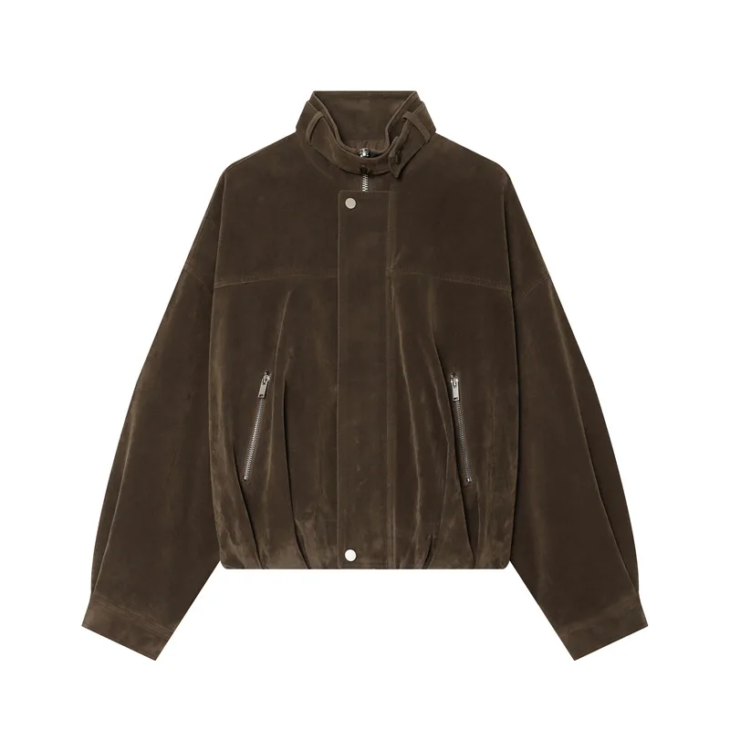 Dave&Di 2026 New Summer Trend Suede Stand Up Collar Pleated Waist Zipper Jacket Top