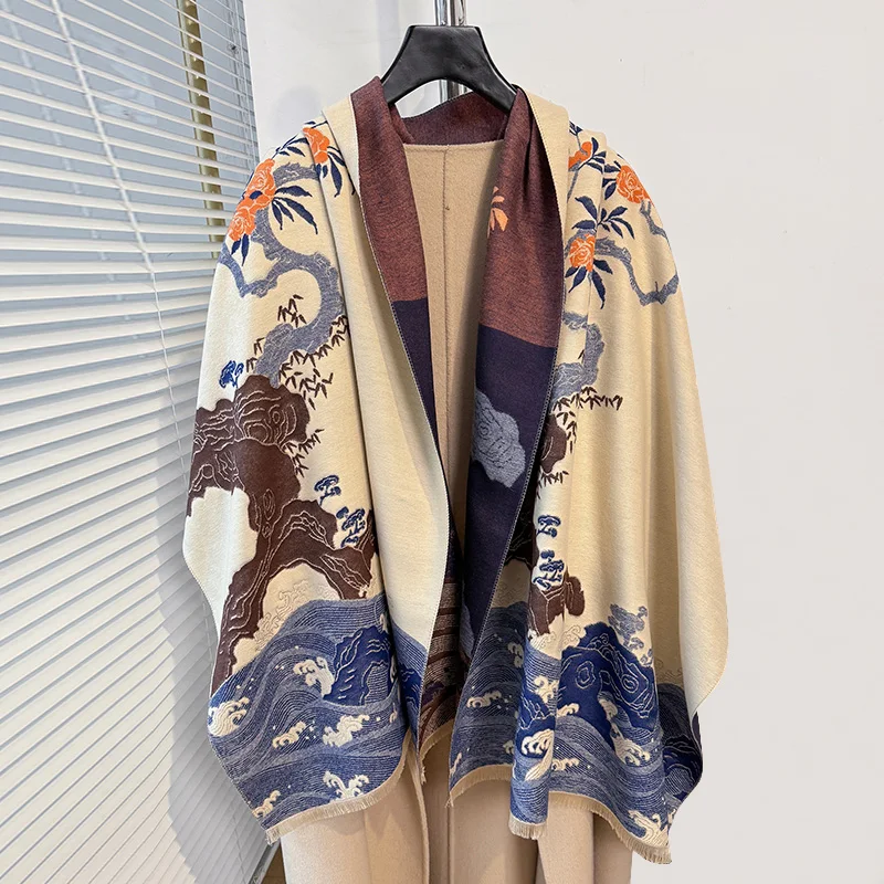NEW Chinese Style Landscape Painting Two-Sided Thickened Pashmina Scarf Cashmere Short Beard Shawl Winter Keep Warm Female Scar