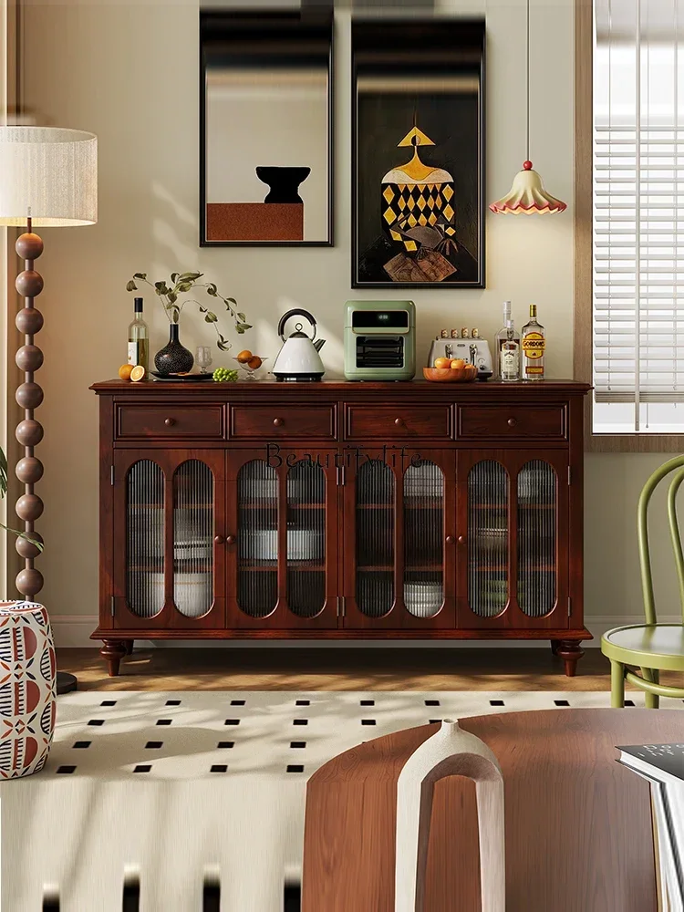 

02ld14American Retro Solid Wood Changhong Glass Tea Cabinet Living Room Home Multi-Function Locker