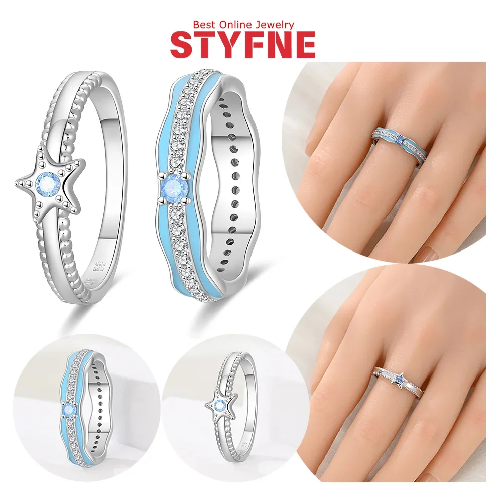 

925 Sterling Silver Ocean Series Ring Romantic Blue Starfish Waves Closed Ring for Women Fine Jewelry Party Valentines Day Gift