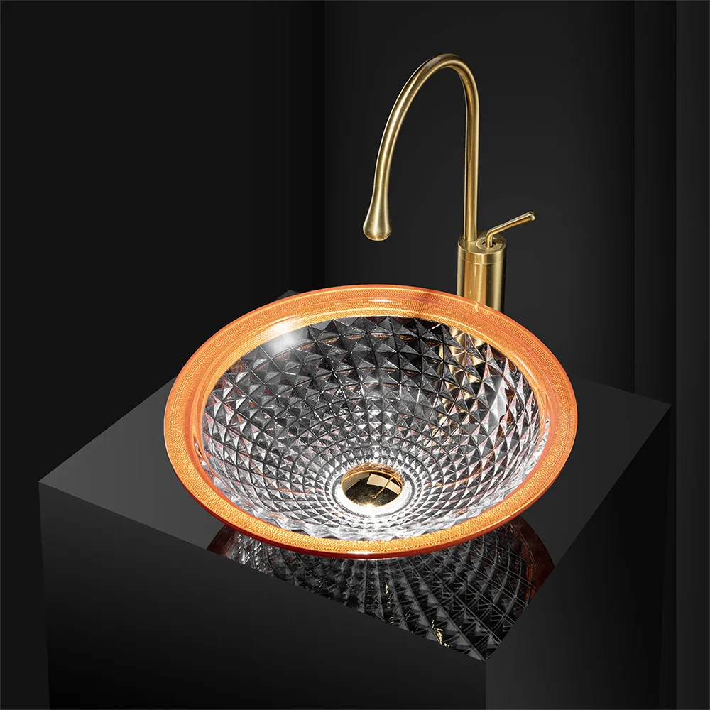 

Top Quality Artistic Wash basin Set Fashion washbowl set Toughened glass Washbasin set New Round hand basin+Brass faucet Modern