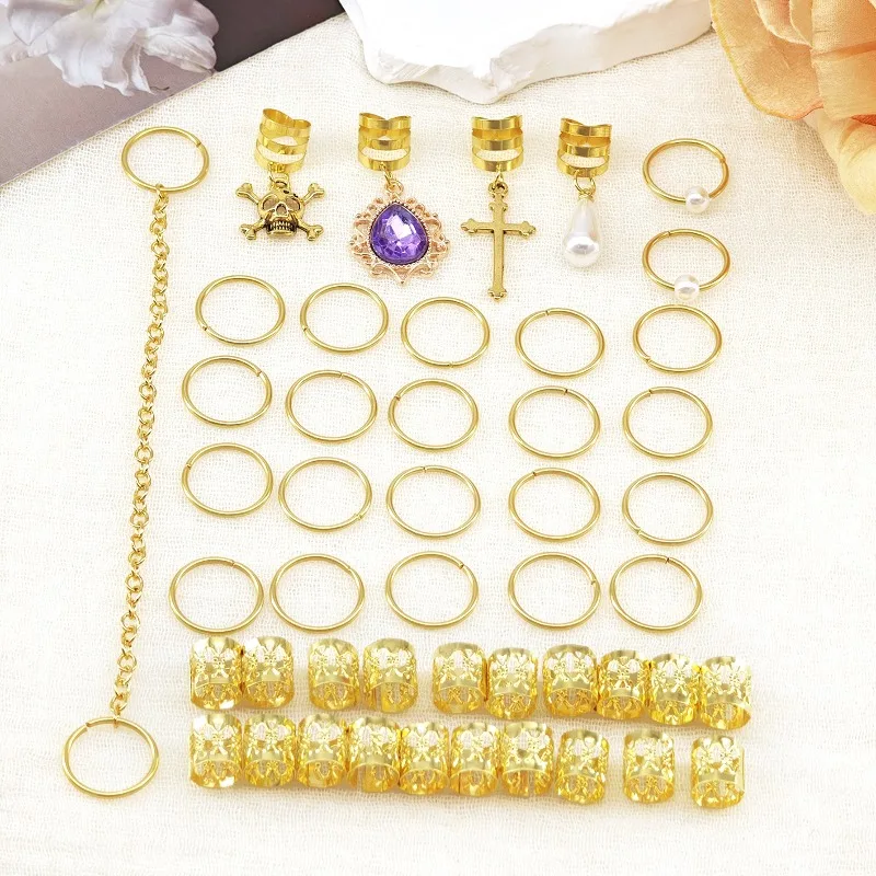 Dreadlock Rings 47Pcs Purple Gem Pearl Cross Hip Hop Korean Style for Braids Unisex Shiny Premium Unique