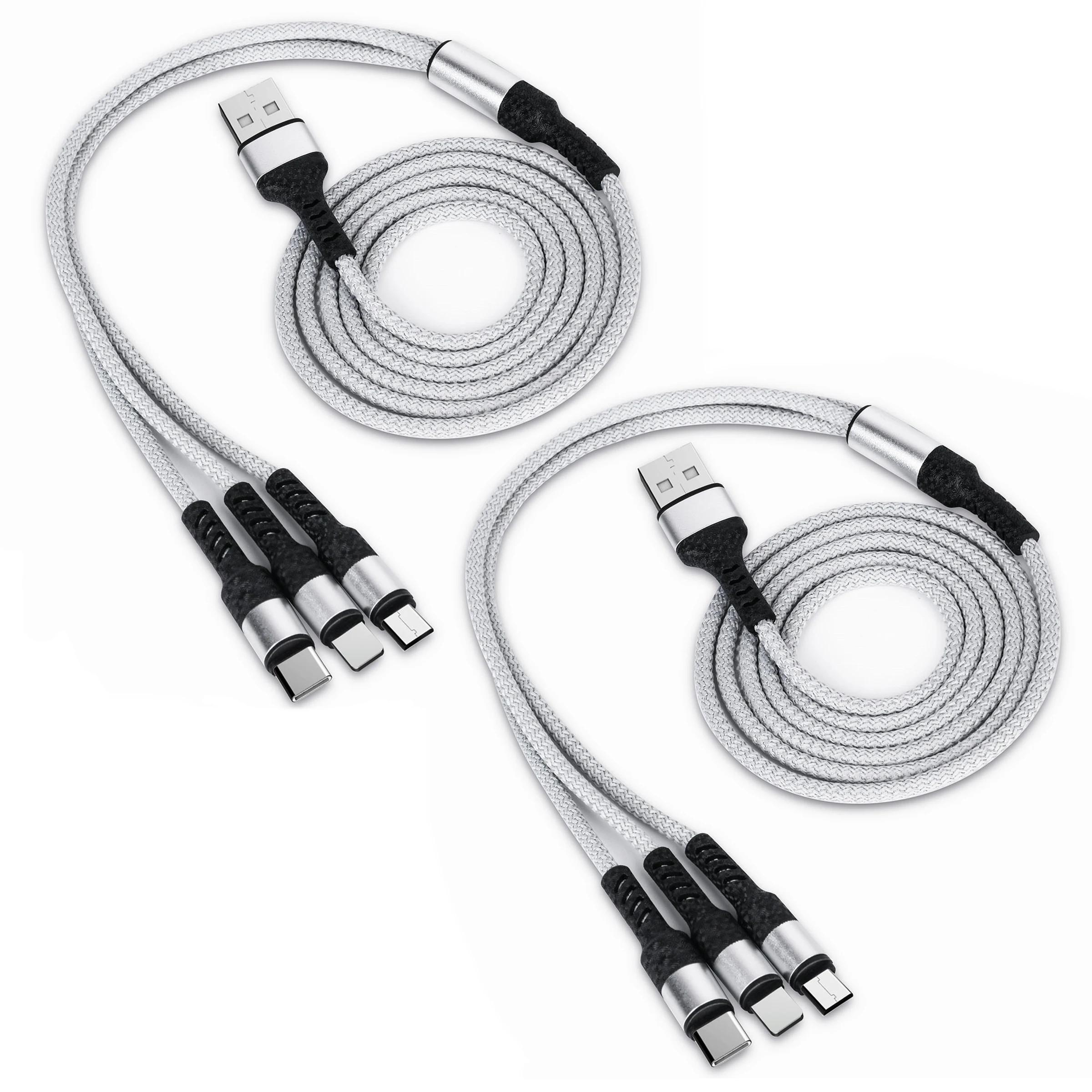 2-Pack 3-in-1 Fast Charging Cable, Suitable for Iphone, Type-C, Micro USB Devices, with Nylon Braided Anti-Tangle Design, Compatible with iPhone 14/13/12/11Pro Max/Xs/Xr/8/7/6, Suitable for Xiaomi, Oppo, Vivo, Redmi and Other Android Smartphones