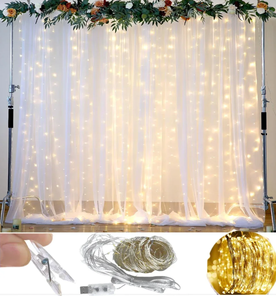 

2pcs Window Mesh Curtain with Led String Light Set White Tulle Backdrop Curtain for Wedding Party Photo Shoot Decorations