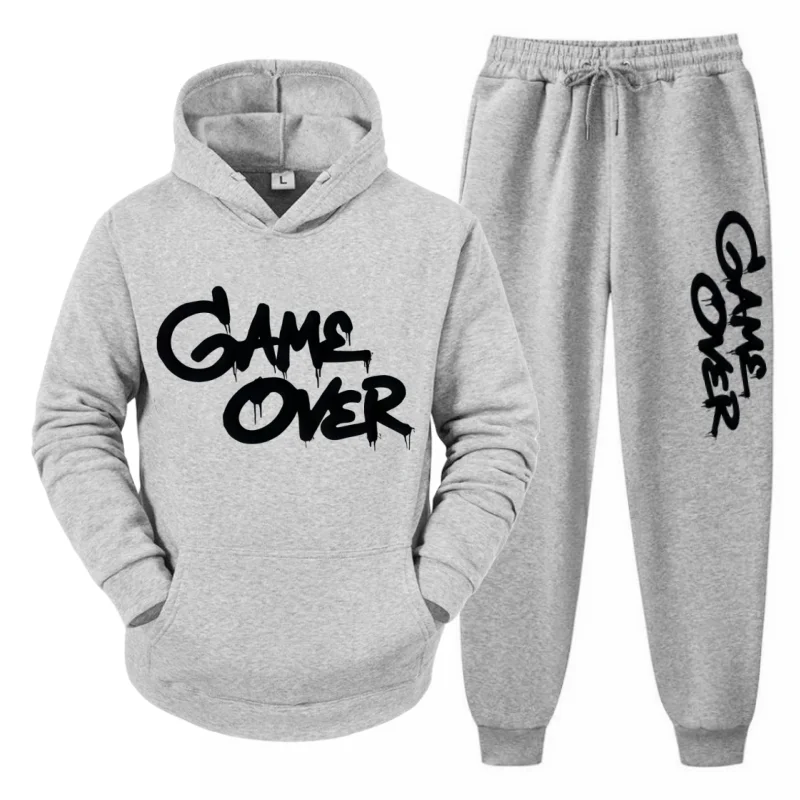 

2025 Unisex Fall/Winter Thermal Suit – Hooded Sweatshirt & Pants with GAME OVER Print, Two-Piece Outdoor Casual Fleece Set