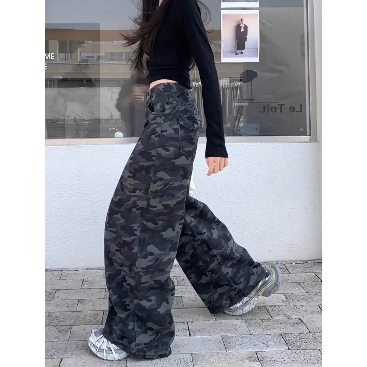 Tooling Wide Legs Camouflage Jeans Women's Drape Spring Retro High Waist Loose and Thin Straight Pants