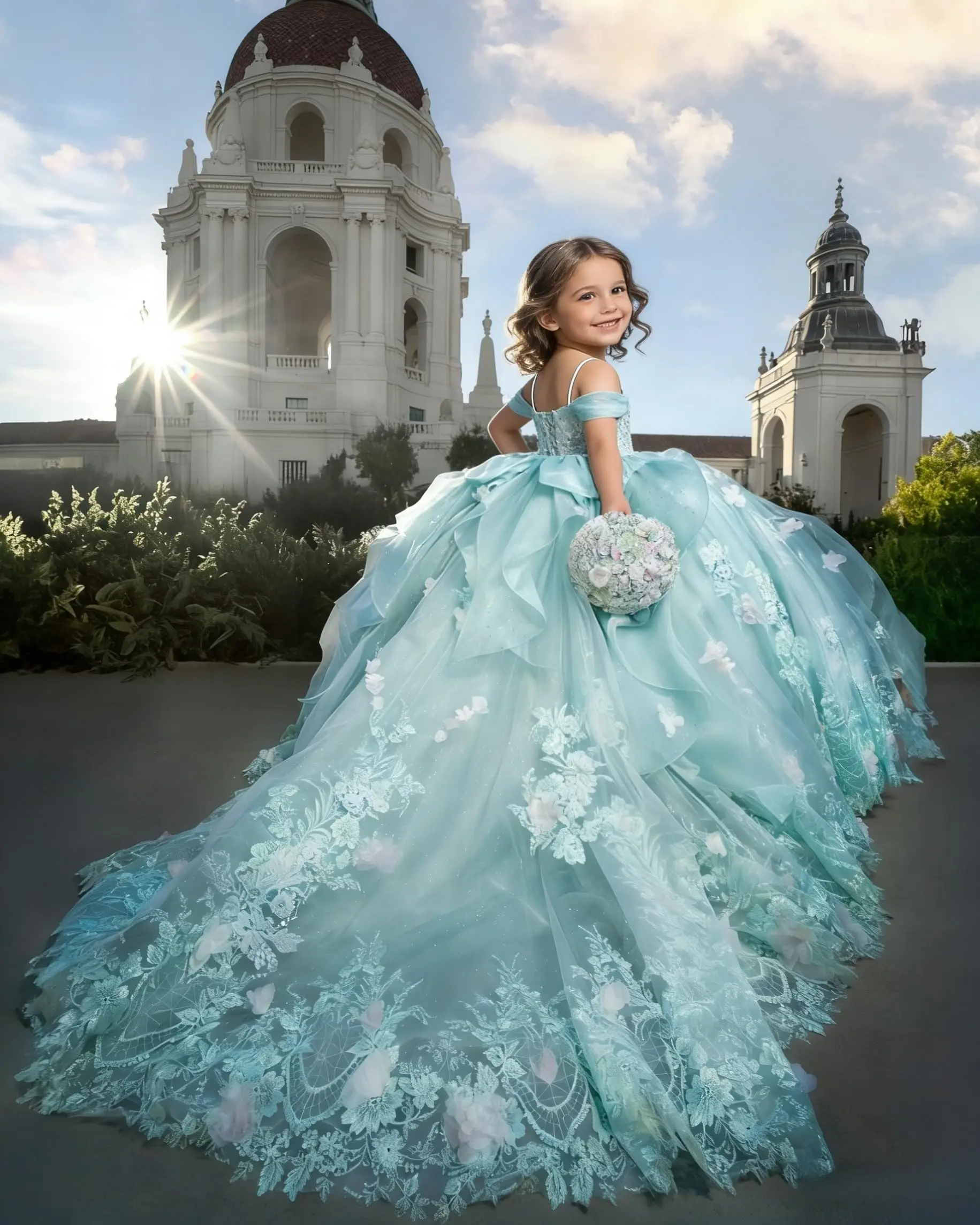 

Custom Lace Flower Girl Dress 3D Flowers with Bow, Adorned with Appliqués and Beads, Ruffled Puffy Dress for Girl Pageants