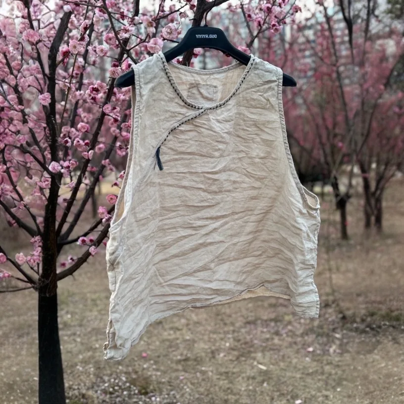 Artistic Style Women Loose Ramie Vest Ladies Handmade Embroidery Female Basic O Neck Thin Sleeveless Tank Camisole Pullover