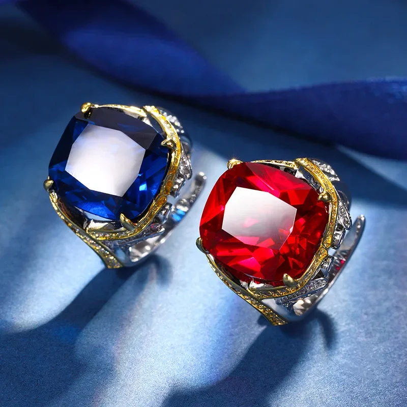 

Jewelry S925 Silver Plated 18K Gold Plated PT950 Platinum Colored Corundum Fat Square 14*16 Premium Ring for Women
