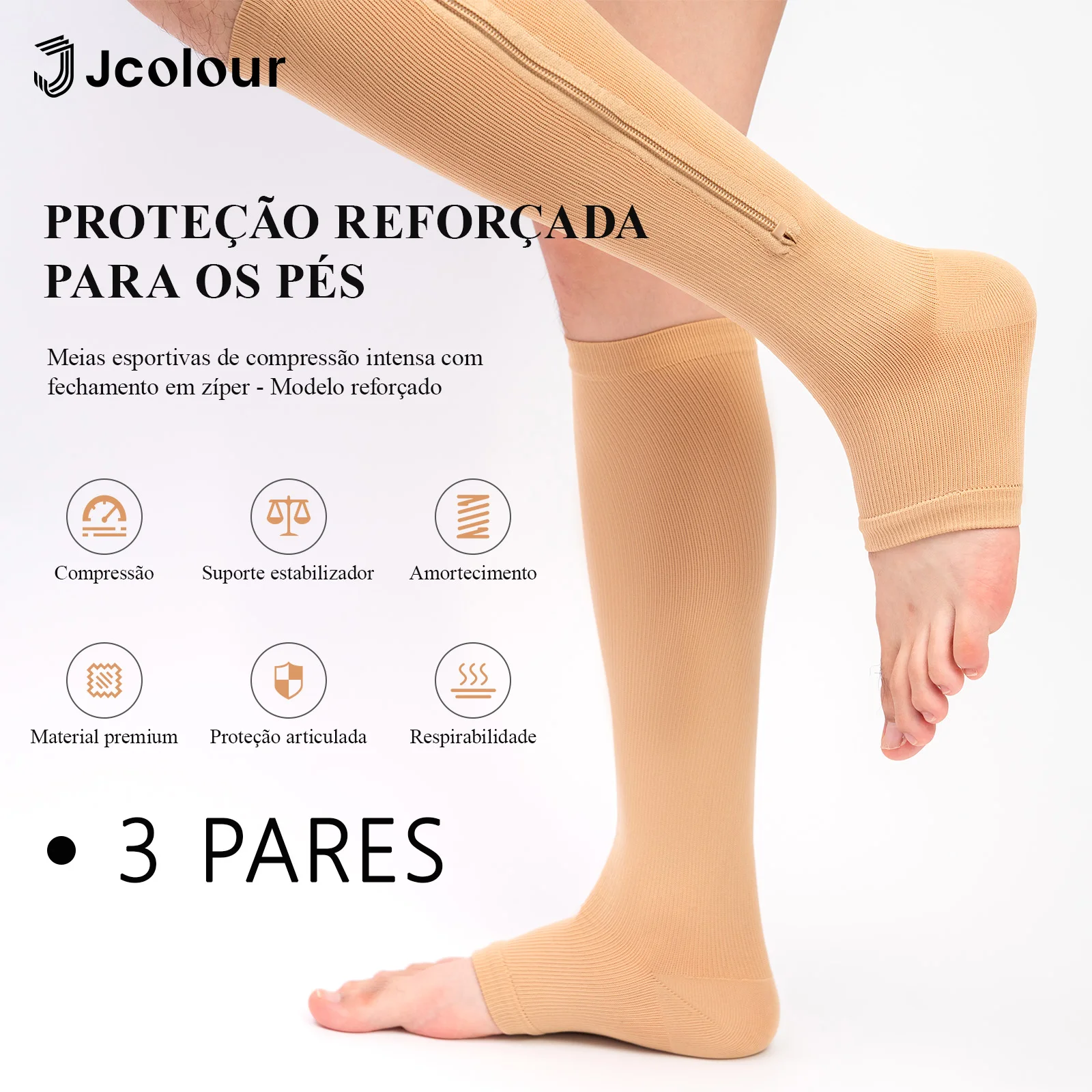 3 Pares，Meias de pressão para homens e mulheres，Meia com suporte para zíper，Meia alta até o joelho，Aliviar a dor muscular