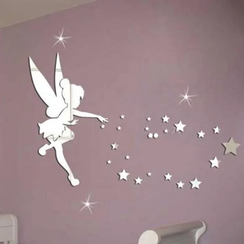 Fairy Wall Mirror Acrylic Mirrored Decorative Tinker Bell Wall Stickers Living Room Bedroom 3D Mirror Wall Sticker  Decor