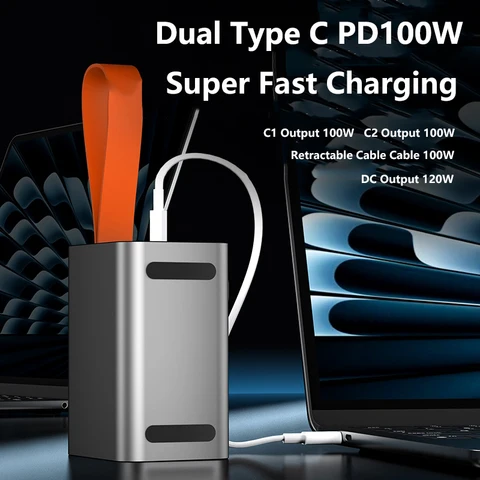 Внешний аккумулятор (Power Bank) 60000 мАч с выдвижным кабелем USB Type-C 12В/24В DC, быстрая зарядка PD100W для ноутбуков, iPhone, Samsung, Xiaomi