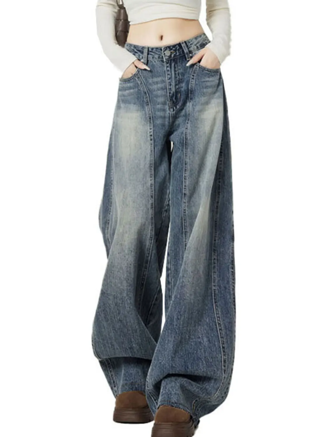 Women's Vintage Washed High Waist Balloon Jeans Contrast Fade Denim Pants Lantern Leg Wide Baggy Long Jeans