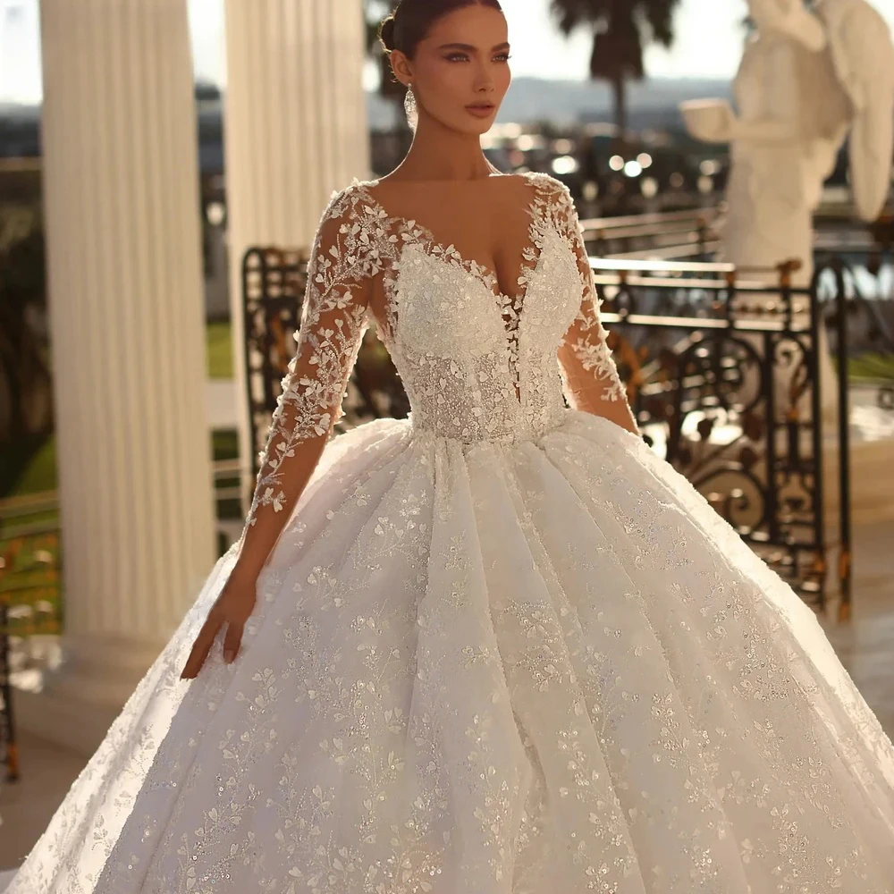 

Elegant Tulle O Neck Illusion Long Sleeves Wedding Dress Lace Appliques Sequins Beading Princess Bride Gown Vestdos De Novia