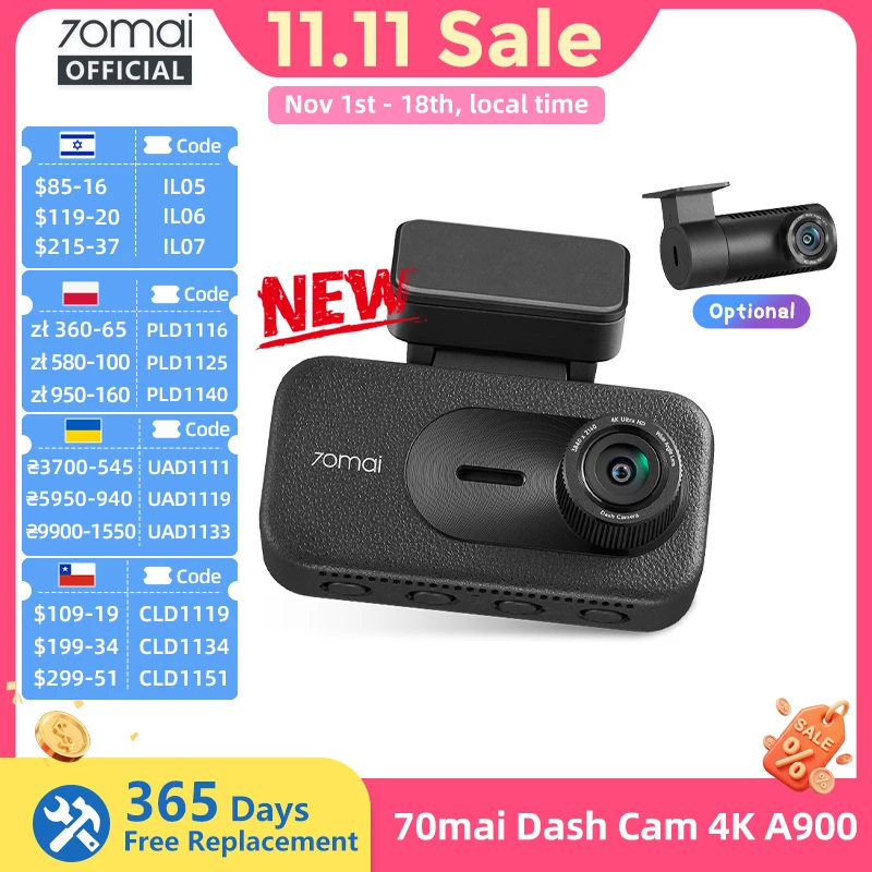 【NEW】70mai Dash Cam A900 4K+4K HDR Super Night Vision Supercapacitor Heat-Resistant 70°C Wi-Fi 6 GPS APP 4G LTE 2.0 70mai A900