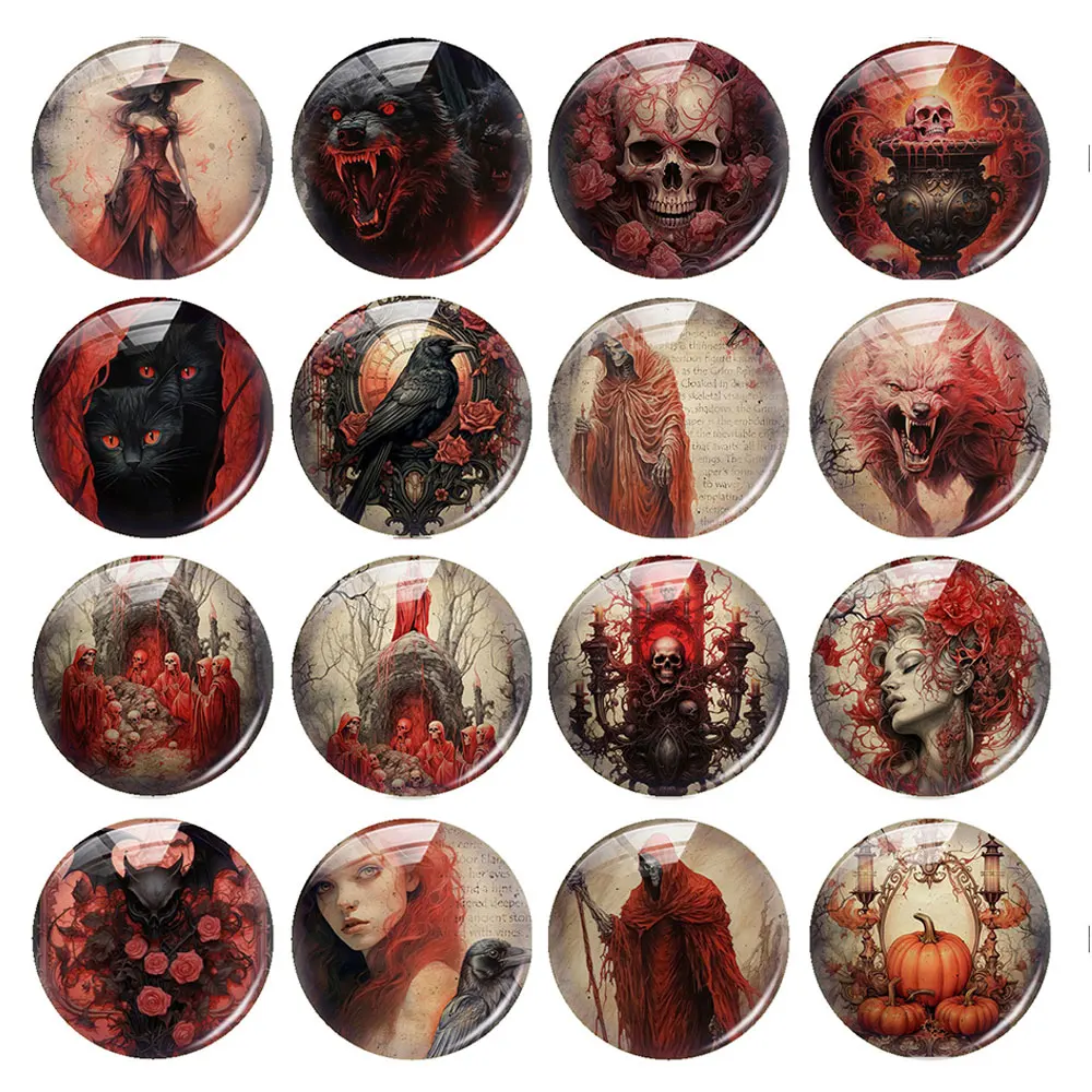 Handmade Halloween Gothic Horror Red Dark Skull Death Graveyard Photo Glass Cabochon Flatback Demo Cameo For Diy Jewelry Making