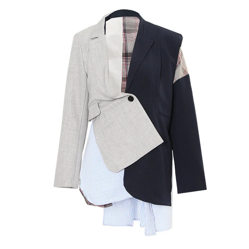 

SuperAen European and American Street Suit Women's 2022 Autumn New Irregular Cutting Color Contrast Splicing Long Sleeve Blazer