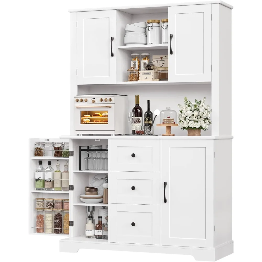 

Kitchen Pantry Cabinet with Microwave Stand, Kitchen Hutch Cabinet with Door Shelves, Farmhouse Freestanding Food Pantry
