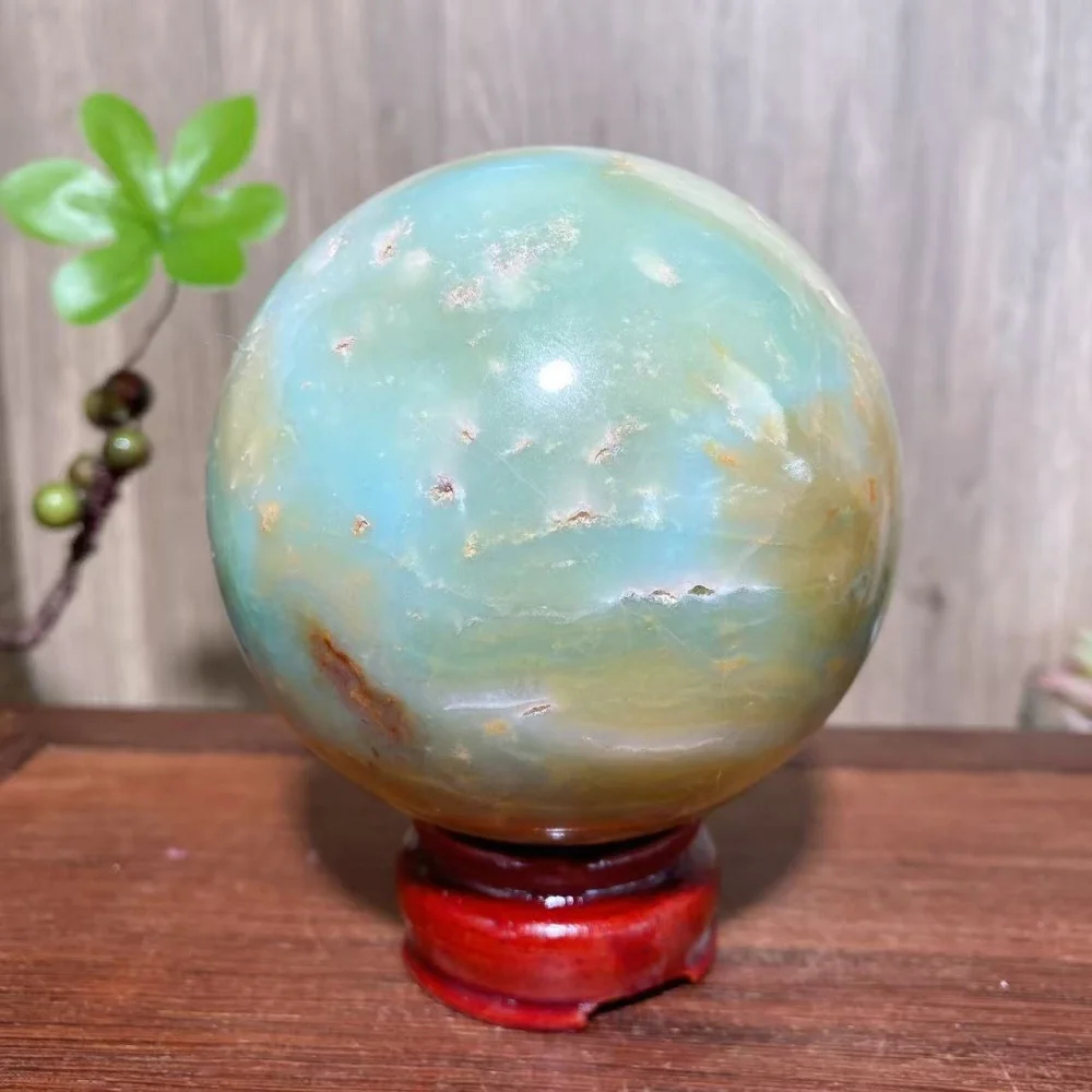 Natural Blue Yellow Carribean Calcite Sphere Raw Stone Healing Crystal Reiki Energy Home Decor Ornaments Gifts+Stand