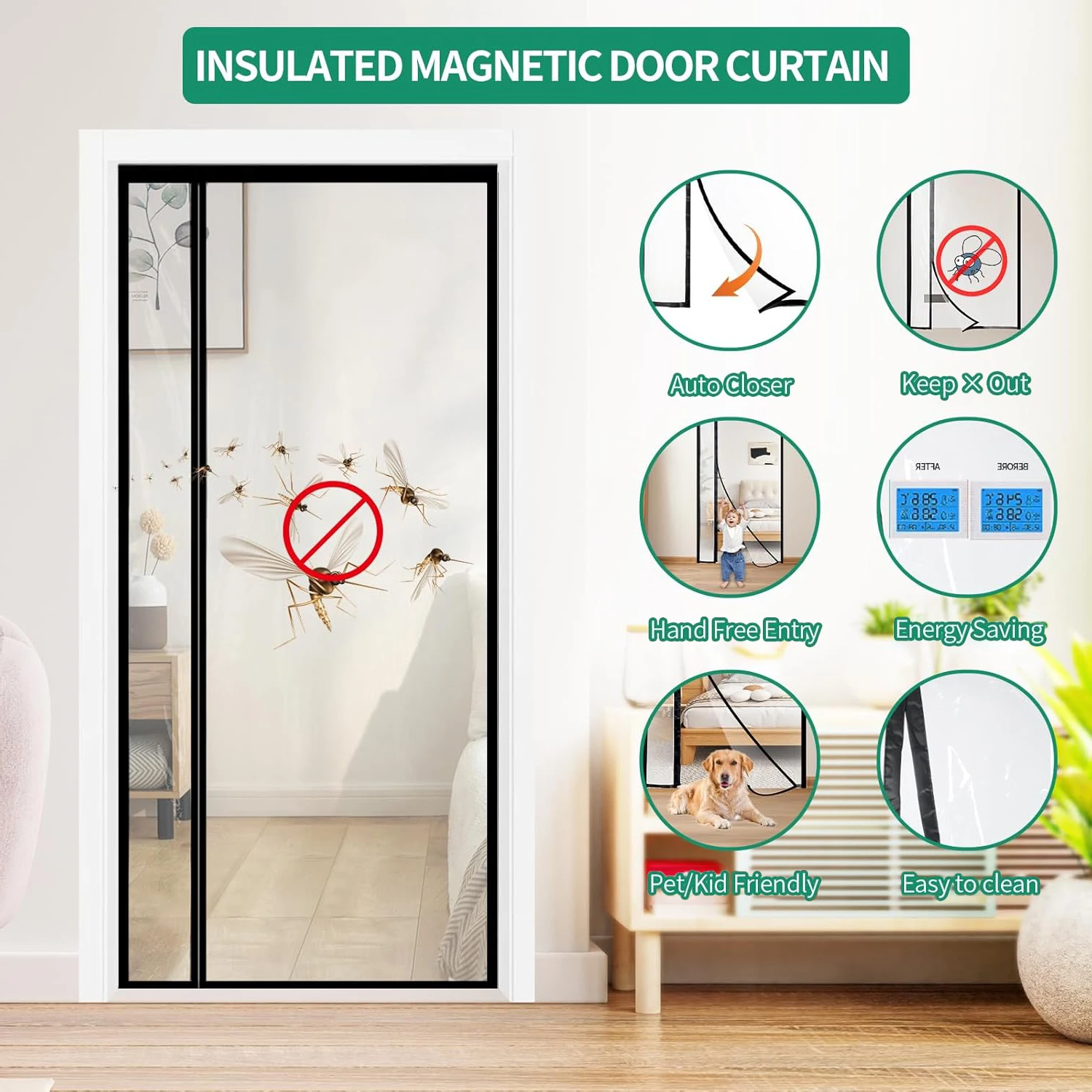 Side Opening Magnetic Transparent Air Conditioning Door Curtain, No Drill Self-Priming Windproof Smoke Proof Thermal Insulation