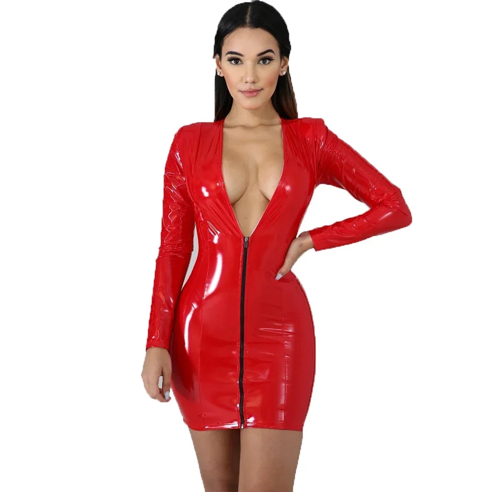

Wetlook Shiny Dress Women PU Leather Long Sleeve Sexy Deep V-neck Package Hip Zipper Sheath Dress