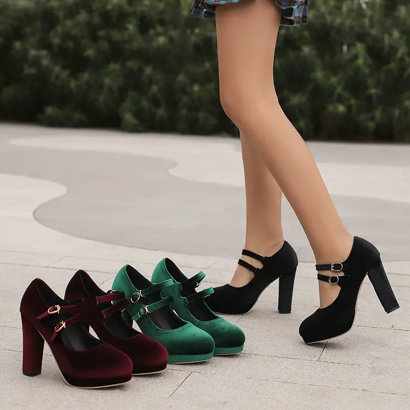 Velour Velvet Round Toe Green Burgundy Color Double Buckle Belt Block High Heels Women Pumps Platform Retro Lady Mary Janes Shoe