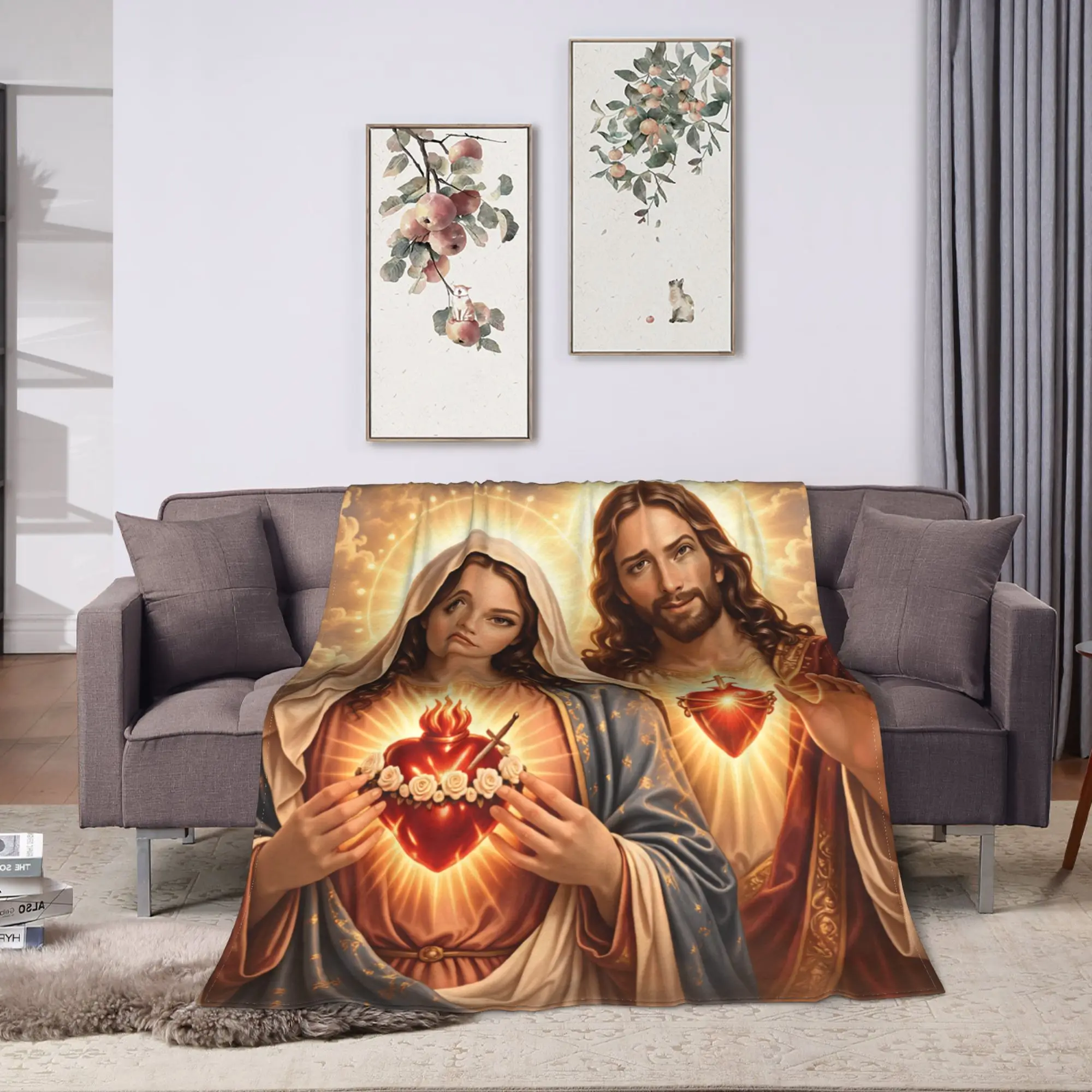 Sacred Heart of Jesus and Immaculate Heart of Mary Soft Blanket  Casual Travel Throw Blanket Outdoor Flannel Bedspread Bed Cover