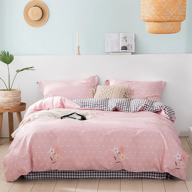 

2023 Long-staple Cotton Four-piece Bed Sheet Star And Moon Pattern Plain Cotton Bedding Light Luxury Models Denim Light Pink