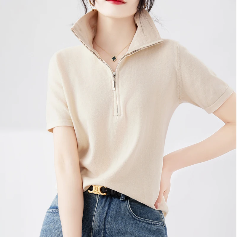 Spring Summer Women 100% Cotton Soft T-shirt Half Zip High Collar Half Sleeve Pullover Tees Casual Bottoming Wear Tops