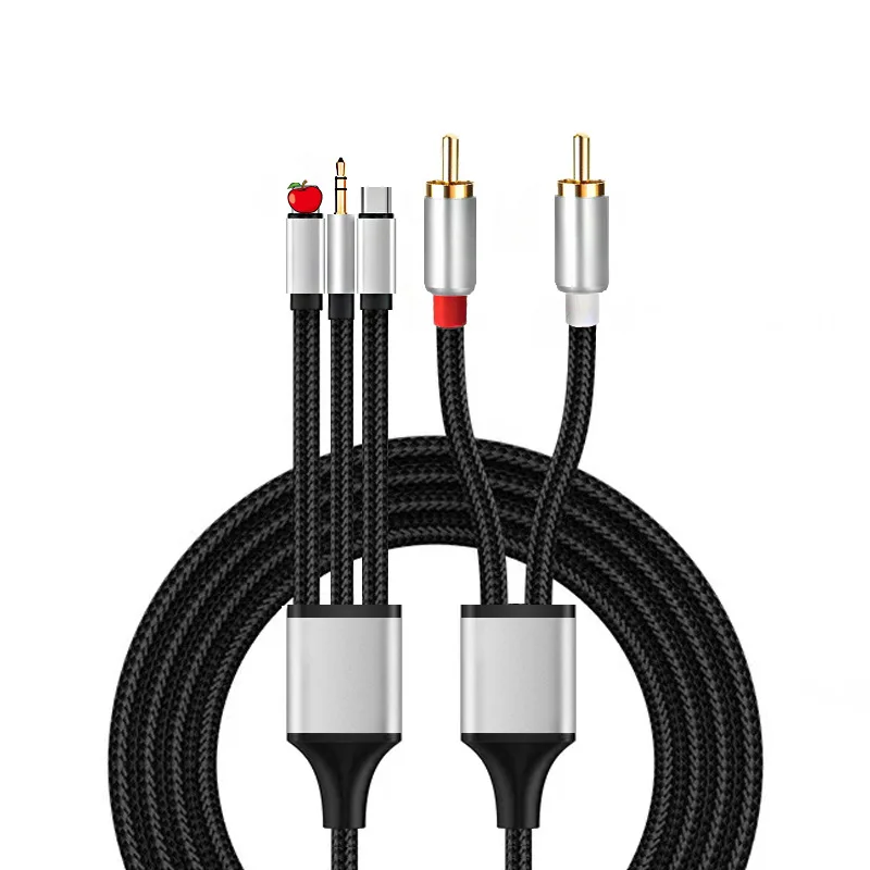 Cable de Audio 3 en 1 USB tipo C/Lightings 8Pin/3,5mm macho a 2 Dual RCA Y Splitter Cable de Audio para PC teléfono a altavoz amplificador