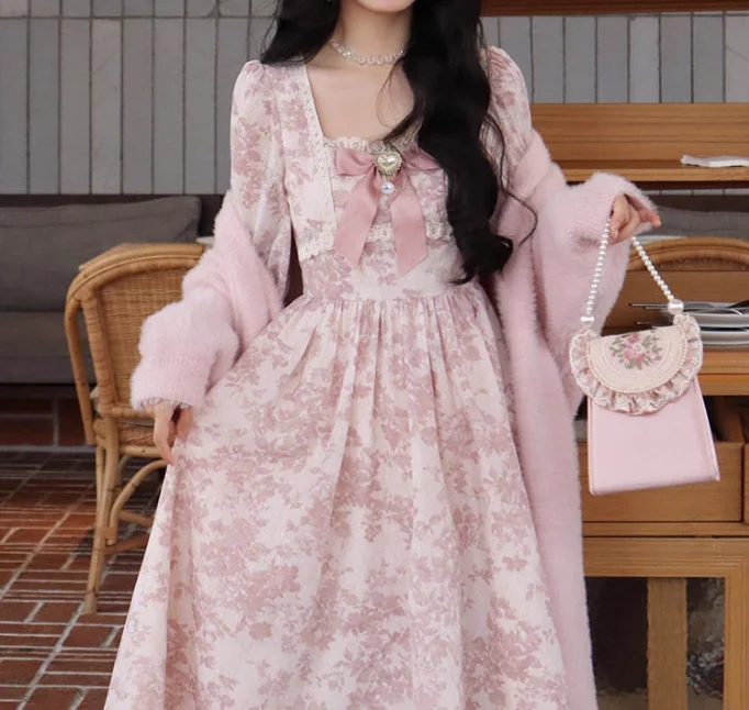 ربيع أنيق أنثى الفرنسية رائعة بأكمام طويلة الوردي الأزهار المحكمة فستان الأميرة ساحة الرقبة الحلو القوس الجنية فساتين طويلة #2