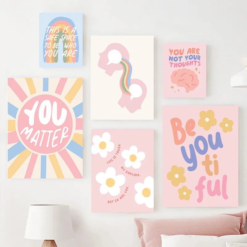 

Light Blue Cartoon Floral & Rainbow Canvas Art — Inspirational Quote Poster for Nursery & Home Decor, Kids' Room Wall Art