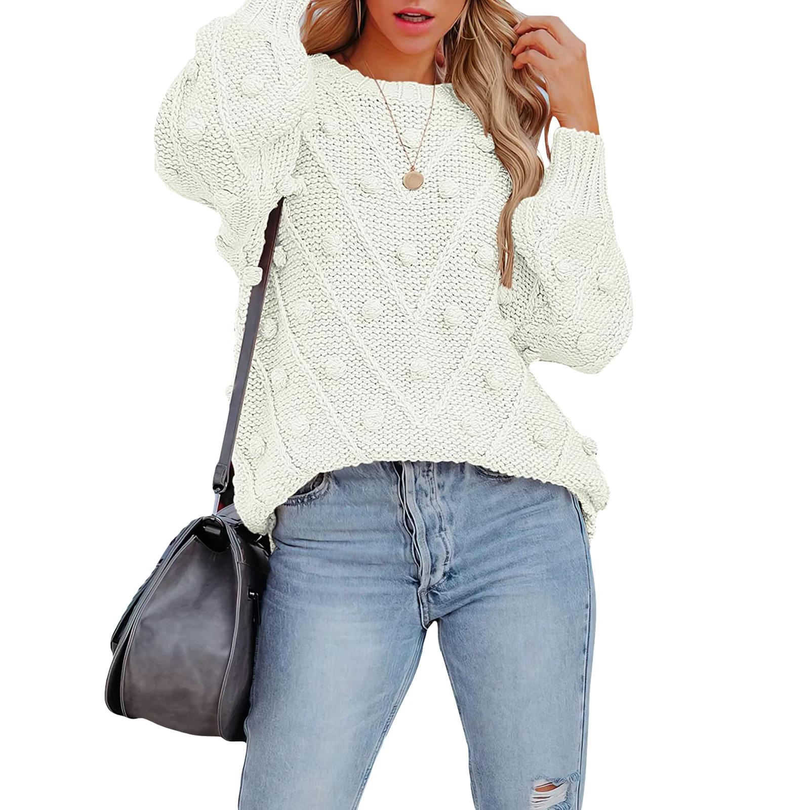 

Women Warm Knit Sweater Fashion Long Sleeve Crew Neck Solid Pullover Tops with Balls Casual Knitwear for Fall Winter