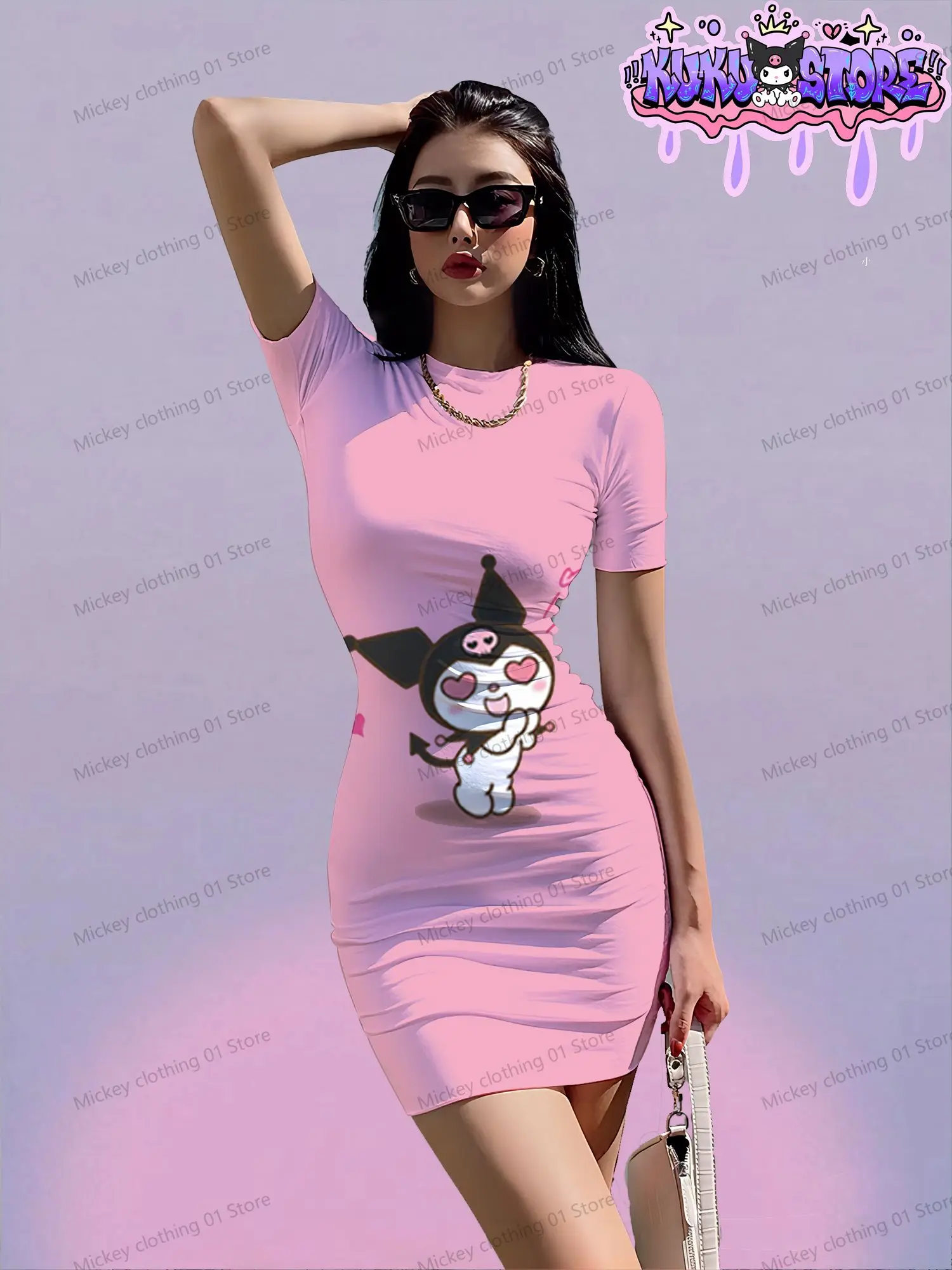 Kawaii Women's Short Sleeved Hip Dresses Kuromi Sanrio Spicy Girl Dress Anime S-3XL Summer O Neck 2024 Youthful Woman Clothes