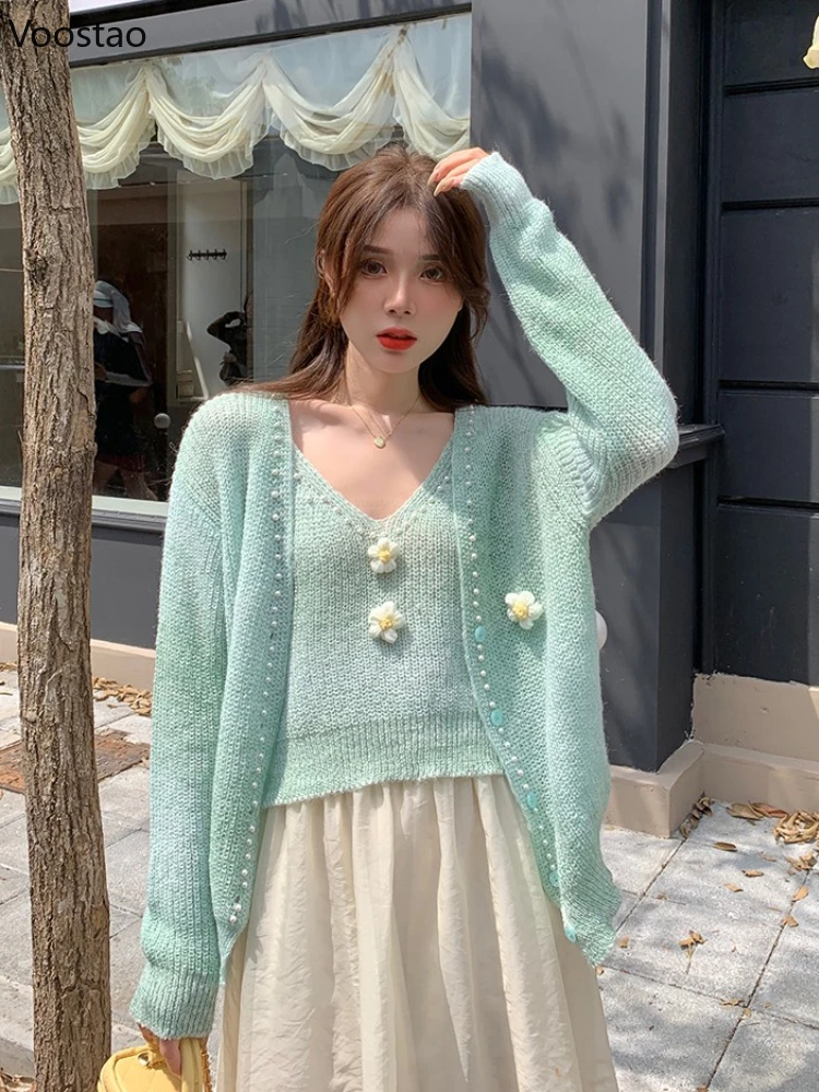 Autumn Sweet Pink Knitted Cardigan 2 Piece Set Women Casual Camisole + Flowers Pearl Sweater Coat Female Elegant Loose Clothing