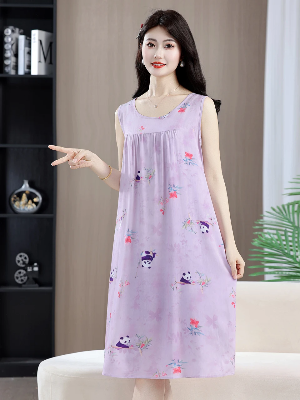 Summer Thin Sleeveless Print Sleep Dress Women Medium Length Loose Comfortable Cotton Silk Home Clothes plus Size Dress