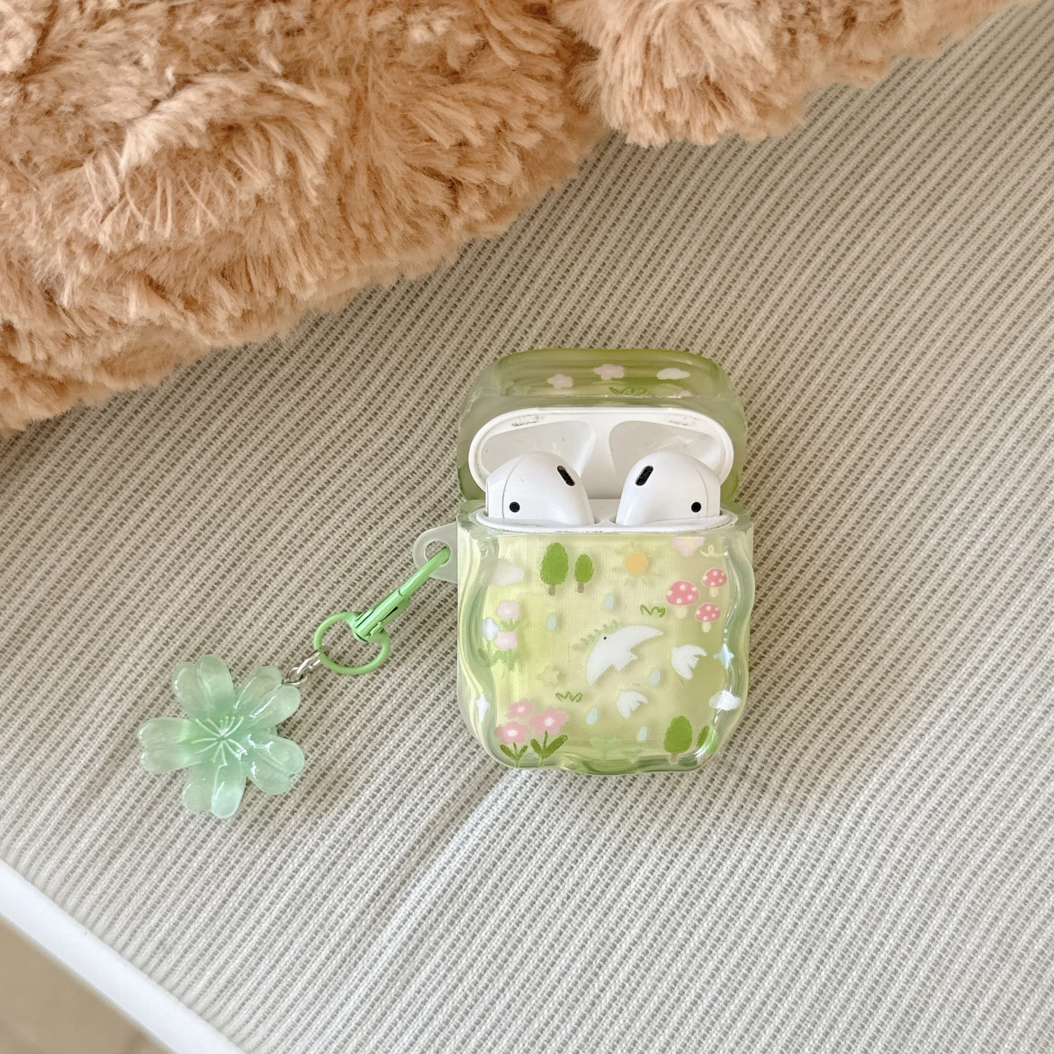 Spring Green Transparent Bird Earphones Case for Airpods4 3 2 1 Pro Pro2 3 with Flower Pendant Soft Shockproof Protective Shell