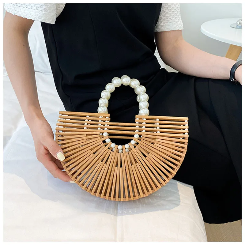 Fashion Handmade Bamboo Handbag Pearl Handle Design Elegant Women Hollow Out Beach Bag Vacation Woven Straw Bag Female Bags