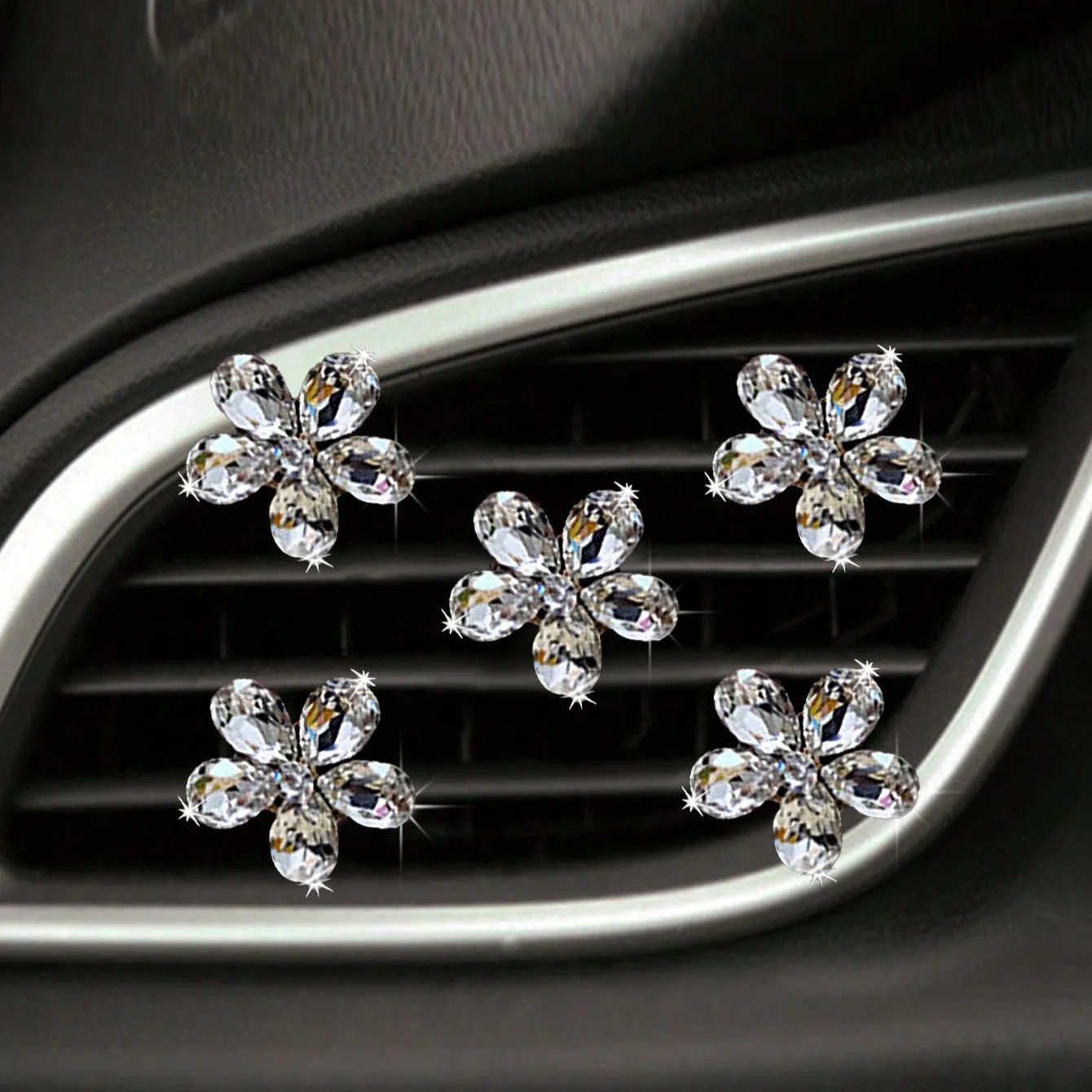 5Pcs Bling Crystal Flower Car Air Vent Clips Rhinestone Auto Air Outlet Decor Ornament Universal Car Interior Styling Accessorie view 4